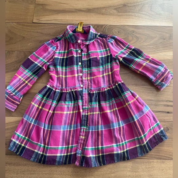NWT, Girls Polo Ralph Lauren Twill Multicolor Flannel Shirt Dress Size  2 T - Picture 1 of 2